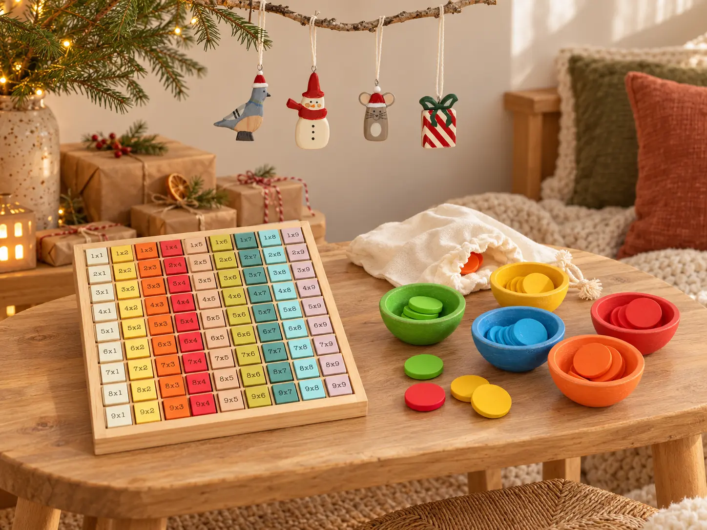 Warme cadeauhoek met houten spellen en kersthangers uit de selectie