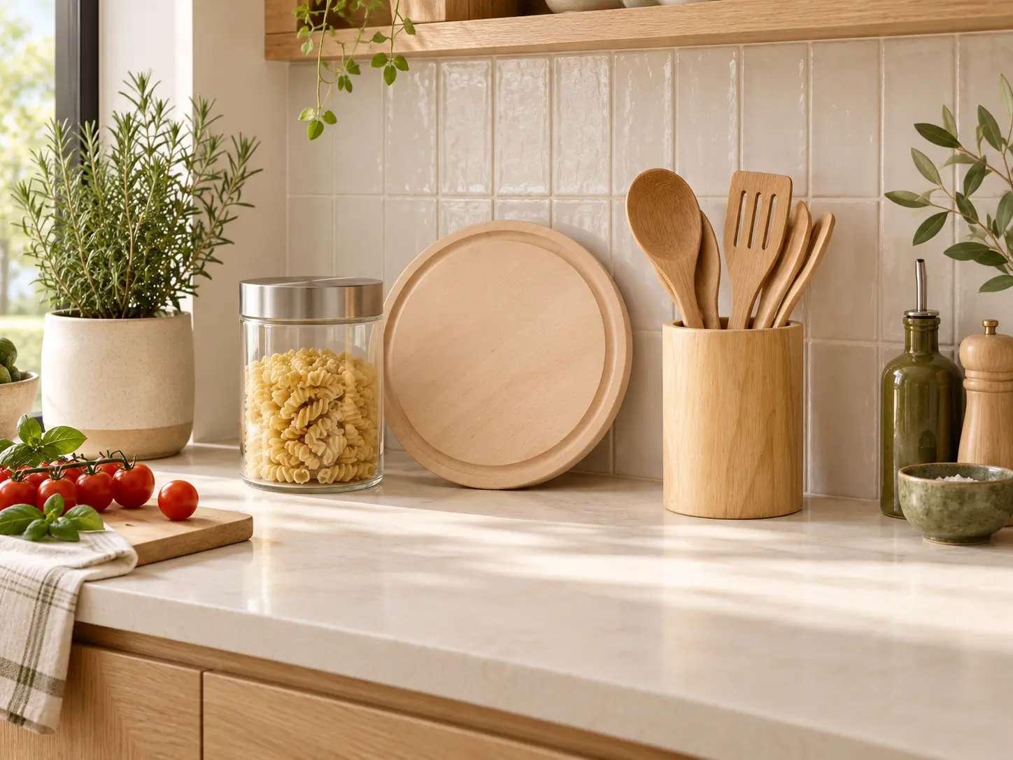 Moderne keuken met snijplank, voorraadpot en keukengereihouder uit de selectie