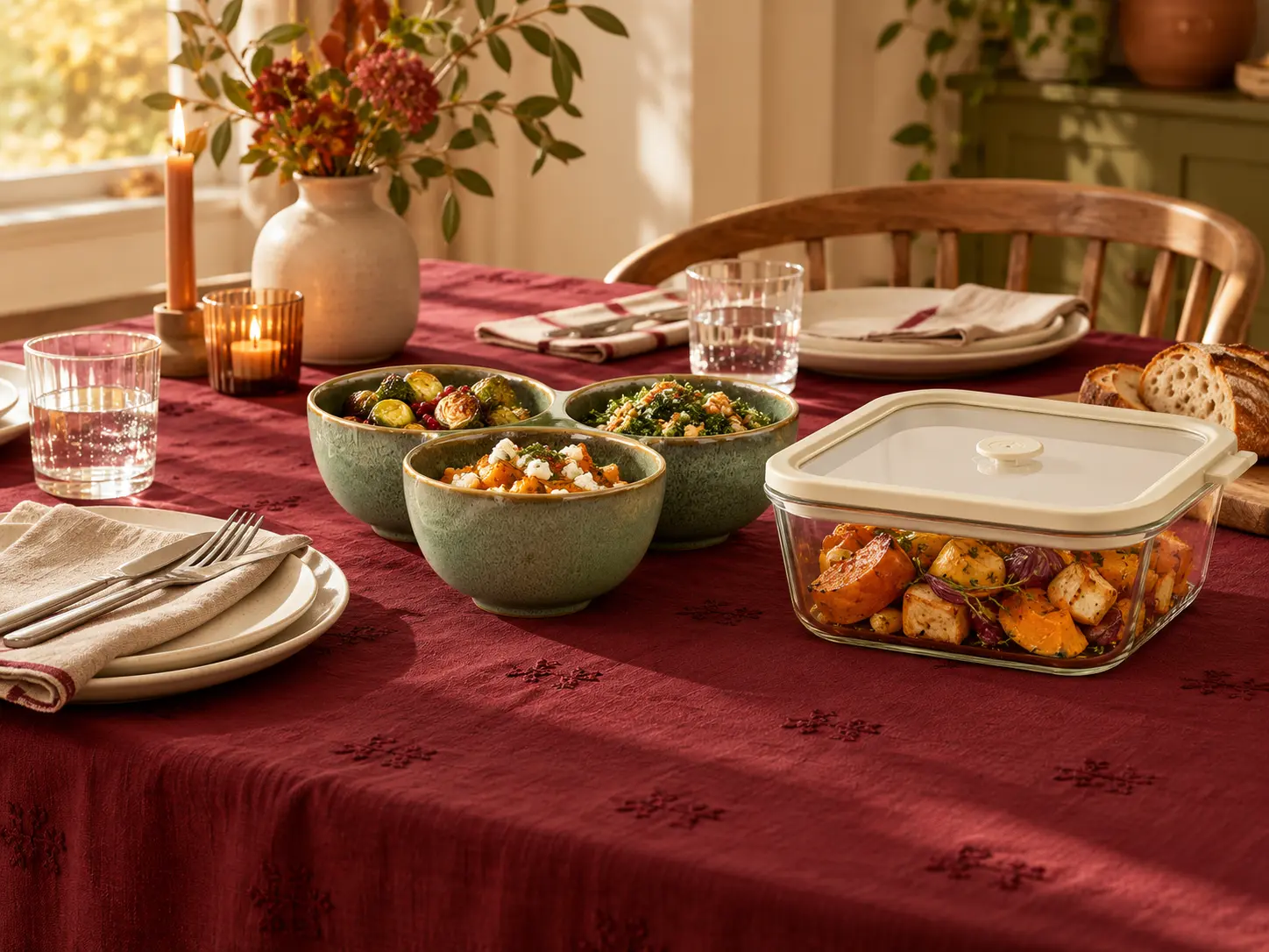 Warm gedekte herfsttafel met wijnrood tafelkleed, groene serveerschalen en glazen ovenschaal uit de selectie